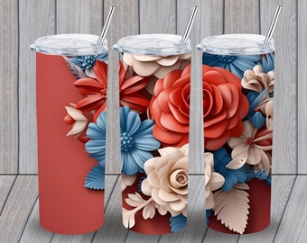 May include: Three stainless steel tumblers with a floral design. The tumblers feature a red, white, and blue floral pattern with a 3D effect.