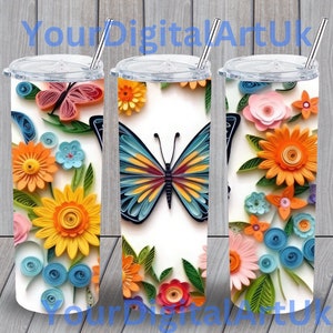 3D Flowers and Butterfly, 20oz Skinny Tumbler,  Sublimation Design, Instant Digital Download PNG, Straight, Tumbler Wrap PNG