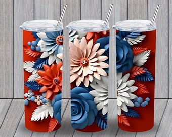 May include: Three stainless steel tumblers with red, white, and blue paper flower designs. The tumblers have clear lids and straws.