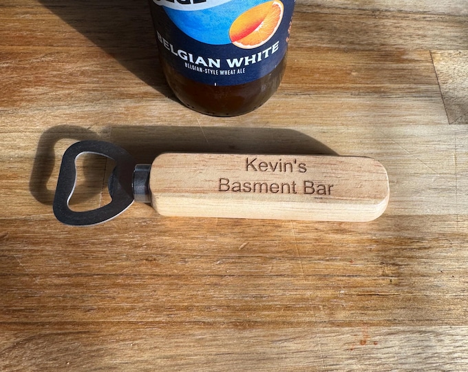 Personalized bottle opener with wooden handle, laser engraved.