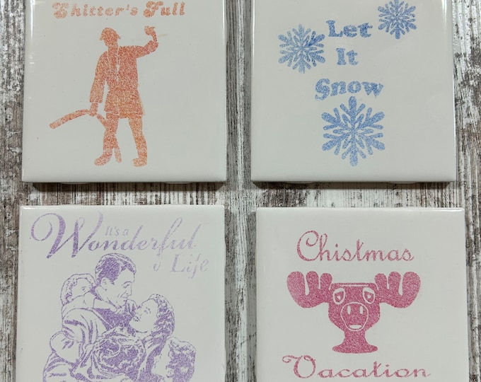 Ceramic tile laser etched coaster set of 4 Christmas themed.