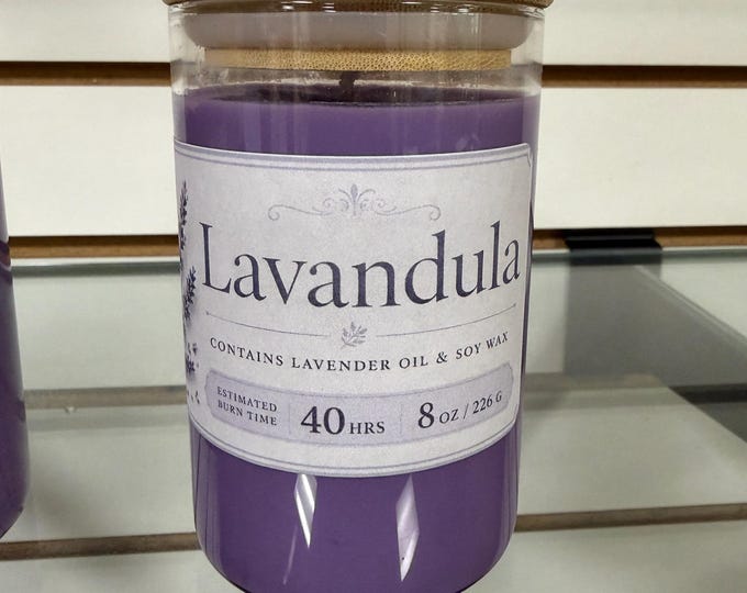 Personalized wooden top handmade scented candle, lavender scent. 8oz soy wax candle
