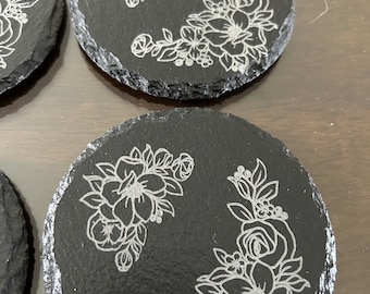 Floral Laser Engraved Slate Coasters - Set of 4