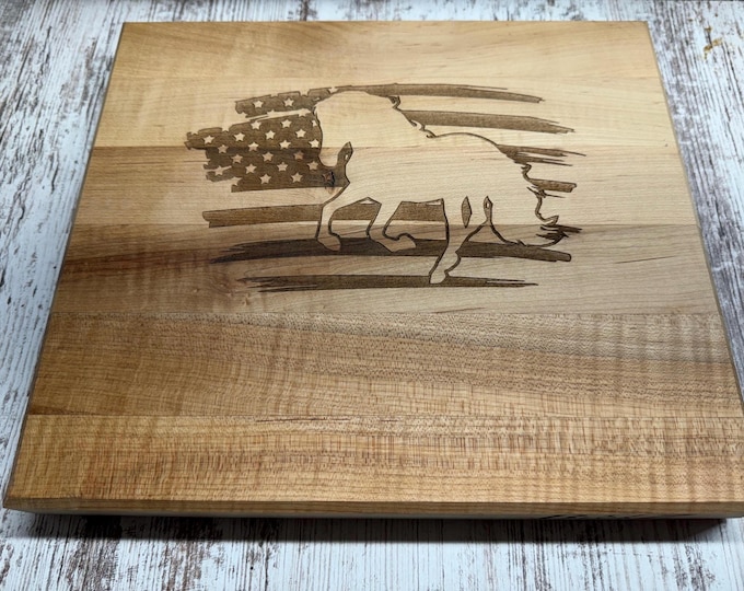 American flag horse themed engraved cutting board made from maple edge grain wood.
