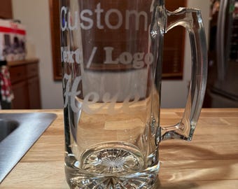 Personalized large beer mug with handle 26.5oz capacity. Get your own custom glassware.