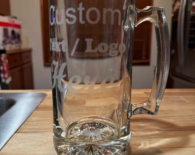 Personalized large beer mug with handle 26.5oz capacity. Get your own custom glassware.