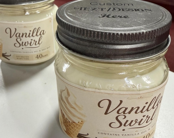 Personalized metal top handmade scented candle, Vanilla scent. 8oz soy wax candle