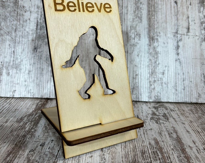 All natural cell phone stand with Bigfoot theme.