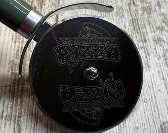 Personalized Stainless steel pizza cutter with green straight handle. Disc of pizza cutter is laser engraved. Great gift for the pizza fan.