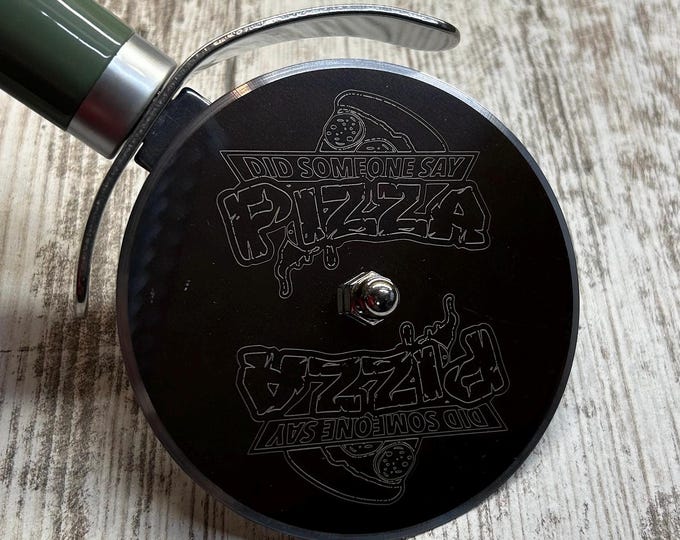 Personalized Stainless steel pizza cutter with green straight handle. Disc of pizza cutter is laser engraved. Great gift for the pizza fan.