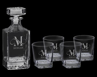Square Glass Decanter Set with Four 11 oz. Glasses engraved in a Black Gift Box.