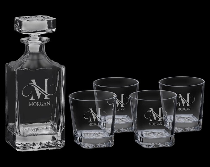 Square Glass Decanter Set with Four 11 oz. Glasses engraved in a Black Gift Box.
