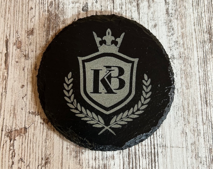 Personalized slate coaster with crest or monogram set of 4 coasters.