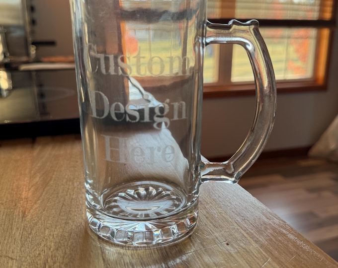 Personalized engraved beer mug with handle 16oz. Get your own custom glassware. Made in USA
