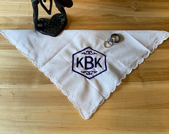 Personalized handkerchief embroidered monogram on 11” square scallops on edges