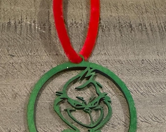 Grinch themed ornament laser cut, green.