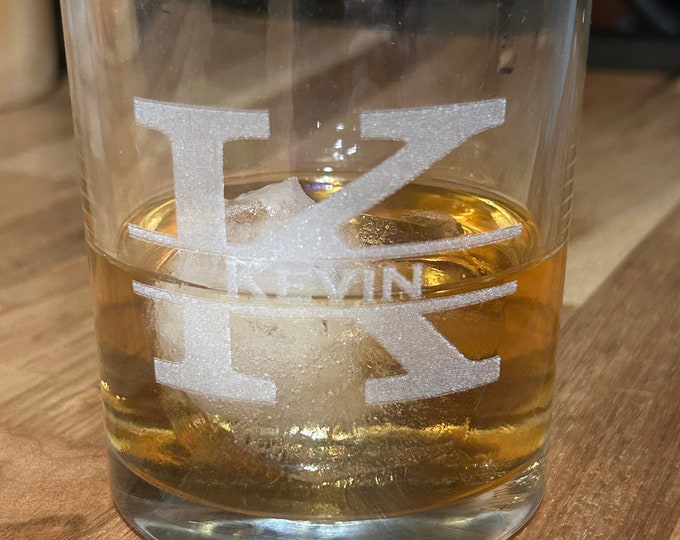 Personalized 15oz whiskey glass. Your design, text or logo laser engraved on each glass.