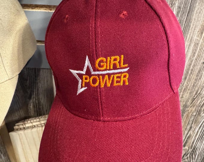 Embroidered Girl Power hat. Red cap with Velcro adjustable strap.
