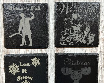 Christmas themed slate coasters, laser engraved set of 4.