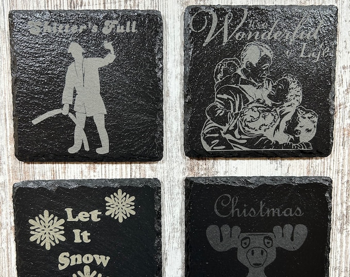 Christmas themed slate coasters, laser engraved set of 4.