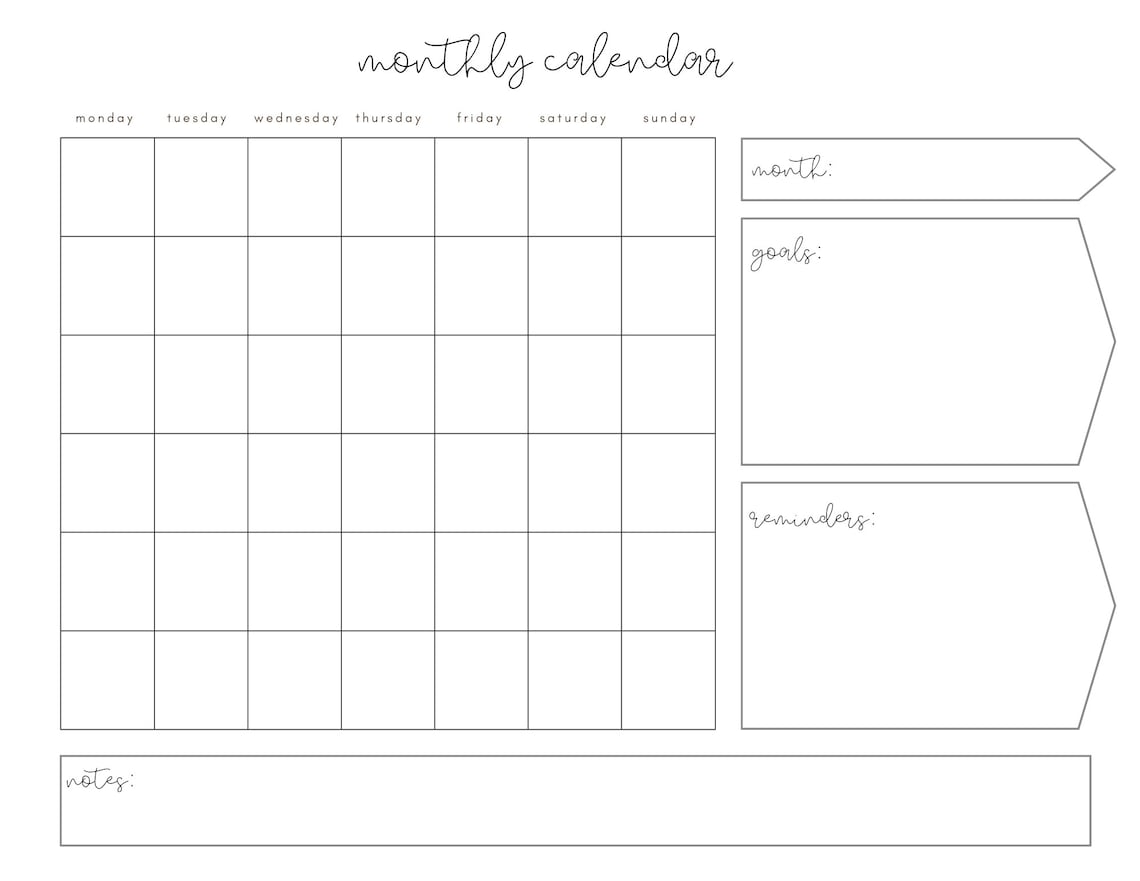 Monthly Calendar Digital Planner Instant Download Etsy