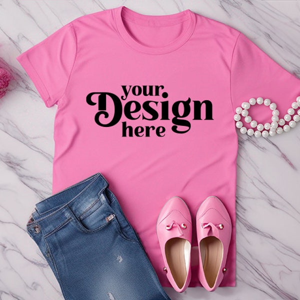 T-Shirt mockup Bella Canvas 3001 Pink t-shirt mockup stock photo DIY t-shirt mockup Unisex Barbie t-shirt mockup template instant download