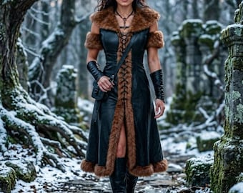 May include: A black leather coat featuring brown faux fur trim along the collar, front opening, and hem. The coat has a lace-up front closure, cold-shoulder cutouts with fur-trimmed sleeves, and is paired with black leather gloves and boots.