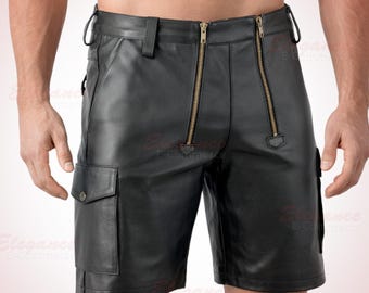 Men's black leather carpenter Shorts / Cargo pockets chap shorts