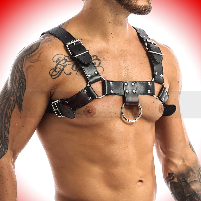 May include: Black leather harness with silver buckles and a large silver ring. The harness has a studded design.