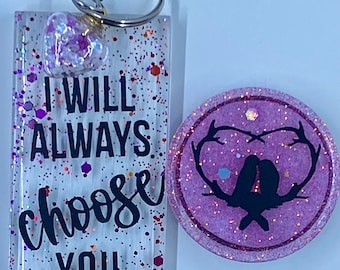 This resin set includes a free keychain that say's; "I will always choose you" and also a resin popsocket with black birds.Under 15 dollars.