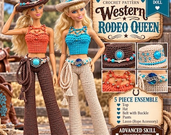 May include: A crochet pattern for an 11 1/2 inch fashion doll featuring a Western Rodeo Queen 5-piece ensemble. Includes a top, hat, belt with buckle, pants, and lasso. The set is shown in brown and orange or beige and blue color variations.