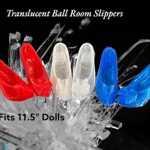 May include: Translucent ball room slippers in red, white, and blue. The image shows five pairs of doll-sized shoes, with a high heel design. The text on the image says "Fits 11.5" Dolls."