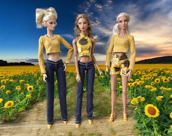 Conjunto de muñeca de moda: Top halter con girasoles, jeans y camisa de punto