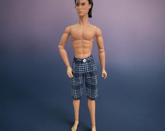 May include: A posable doll with dark hair and a sculpted physique, wearing knee-length shorts featuring a dark blue and white plaid pattern. The shorts are secured at the waist with a single white button. The doll has articulated joints at the shoulders, elbows, wrists, hips, and knees, and is depicted in a standing position.