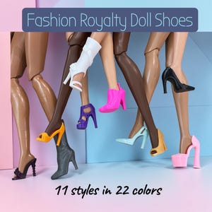 May include: Fashion Royalty Doll Shoes. A collection of miniature doll footwear including white buckled boots, pink ankle boots, black pumps, orange sandals, purple platform heels, light blue pumps, gold open-toe heels, and grey boots. 11 styles in 22 colors.