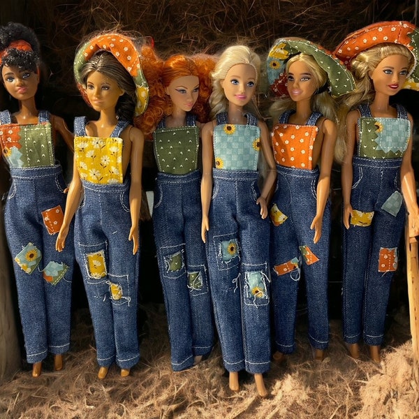 11.5" Fashion Doll, Handmade Overalls and Sunhat Farm Outfit