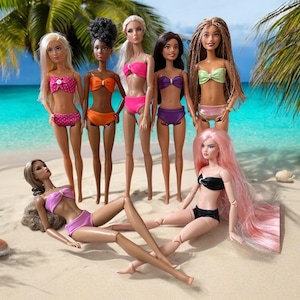 Fashion Doll Beach Attire.  Bikini Swimwear, cute swimsuits in a variety of colors. Fun for your doll&#39;s day at the beach!
