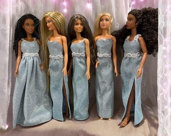 Light Blue Shimmer Fashion Doll Dress: Formal Party Gown