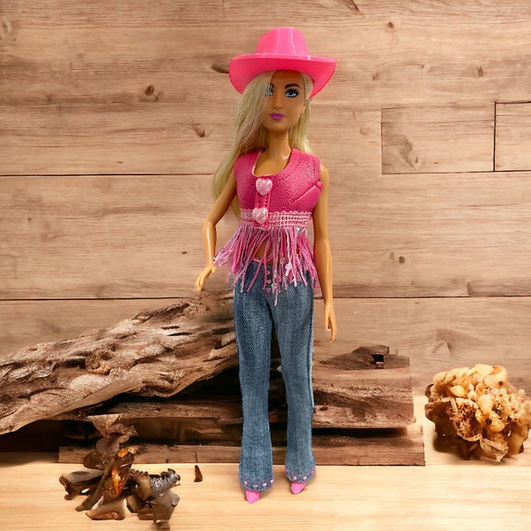 11.5" Fashion Doll Western Outfit, Fringed Embellished Vest, Denim Jeans with Heart sequins, Accessories, Western Hat and Boots
