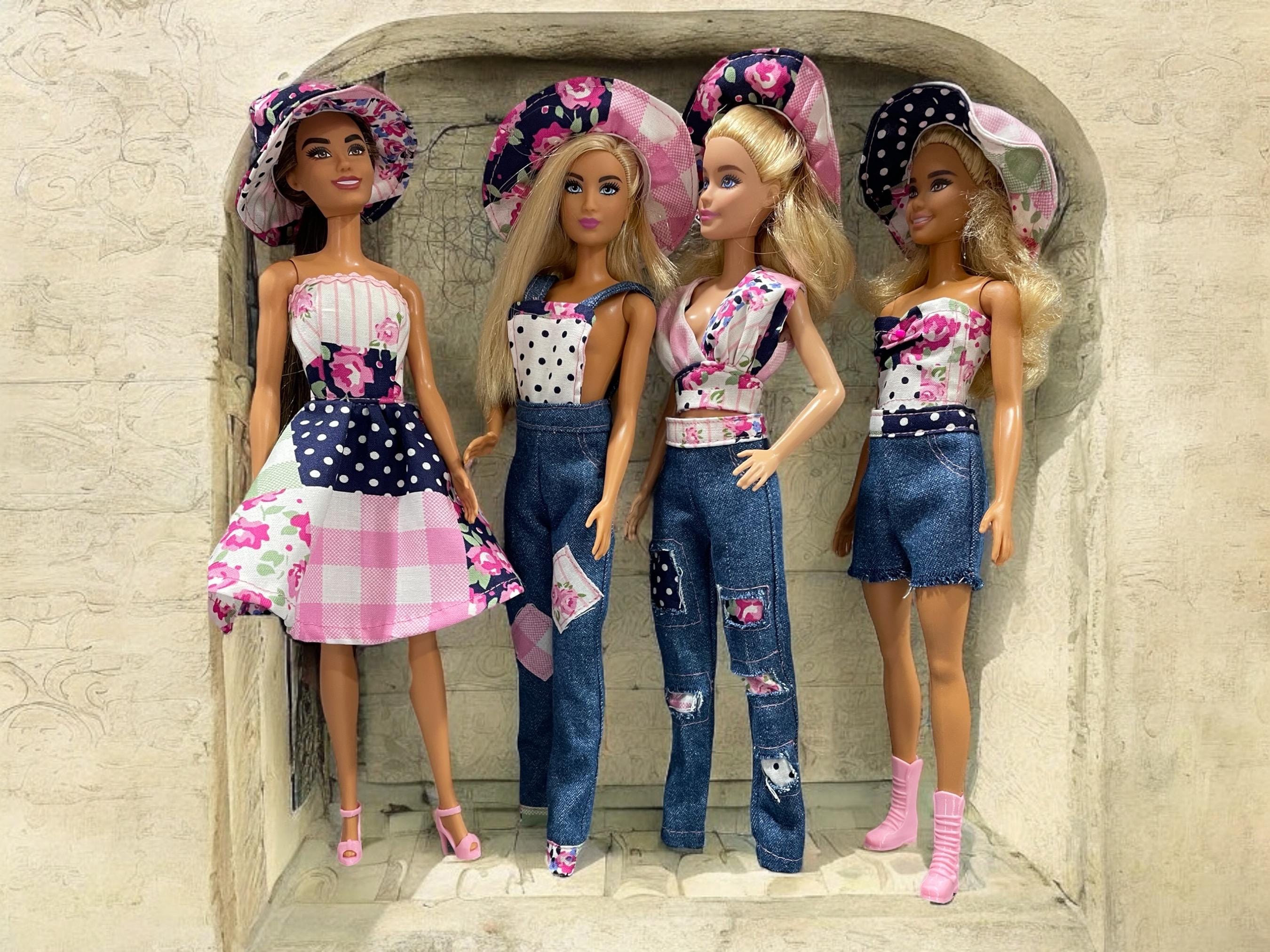 Fashion Doll Clothes Set: Floral Skirt, Denim Overalls & Shoes