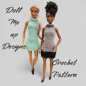 May include: Two dolls wearing handmade crochet dresses. One doll is wearing a mint green dress, and the other is wearing a gray dress with a black ruffled hem. The image includes the text "Doll Me Up Designs Crochet Pattern."