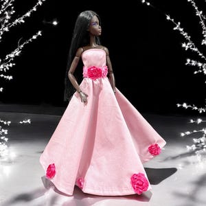 Long, Formal, Fashion Doll Dress, Pink Doll Dress with Flowers, Party Doll Dress
