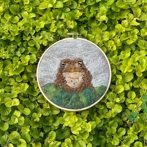 Needle Felted Toad Wall Art: American Toad, Embroidery Hoop Frame