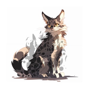 Könnte beinhalten: Eine schwarz-braune gefleckte Katze mit gelben Augen sitzt auf einem weißen Hintergrund mit einem schwachen, verschwommenen Bild von Bäumen dahinter.