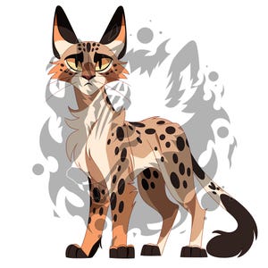 May include: A digital illustration of a brown and black spotted cat with orange fur and yellow eyes. The cat is standing on a white background with a grey and white abstract design behind it.