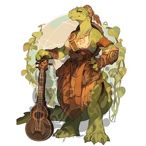 May include: A green turtle-like creature with brown eyes and a brown headband plays a brown lute. The creature is wearing a brown leather vest and a brown skirt with a floral pattern. The creature is standing in front of a green vine and a circular background with a blue and white pattern.