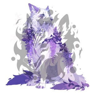 Könnte beinhalten: Digitale Illustration eines wolfsähnlichen Wesens in Weiß- und Lavendeltönen. Die Kreatur ist mit lila Blauregenblüten und Blättern geschmückt. Der Hintergrund hat ein graues, abstraktes Design. Der Wolf hat blaue Augen und sitzt.