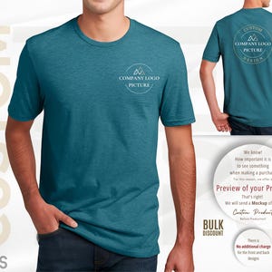 The image is a collage of three photos featuring a man wearing a teal green t-shirt with a company logo and a preview of a product.