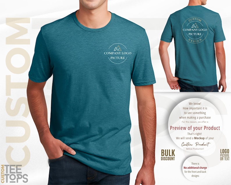 The image is a collage of three photos featuring a man wearing a teal green t-shirt with a company logo and a preview of a product.