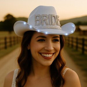 Light Up Bride Cowboy Hat, LED Bachelorette Party Hat, Wedding Hat, Bride Hat Bridal Party Hat Custom Bride hat, country wedding
